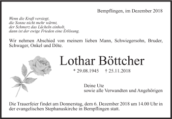 Traueranzeige von Lothar Böttcher von Metzinger-Uracher Volksblatt