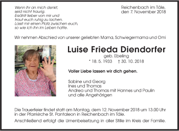 Traueranzeige von Luise Frieda Diendorfer von Geislinger Zeitung