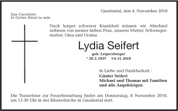 Traueranzeige von Lydia Seifert von Haller Tagblatt