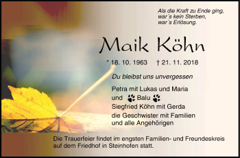 Traueranzeige von Maik Köhn von Hohenzollerische Zeitung