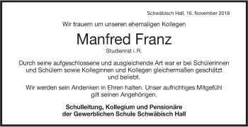 Traueranzeige von Manfred Franz von Haller Tagblatt