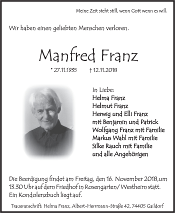 Traueranzeige von Manfred Franz von Rundschau Gaildorf