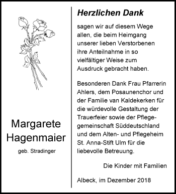 Traueranzeige von Margarete Hagenmaier von SÜDWEST PRESSE Ausgabe Ulm/Neu-Ulm