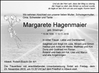 Traueranzeige von Margarete Hagenmaier von SÜDWEST PRESSE Ausgabe Ulm/Neu-Ulm