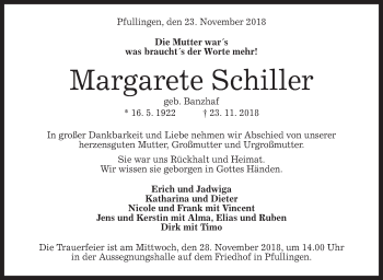 Traueranzeige von Margarete Schiller von Metzinger-Uracher Volksblatt