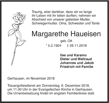 Traueranzeige von Margarethe Haueisen von SÜDWEST PRESSE