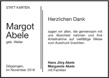 Traueranzeige von Margot Abele von NWZ Neue Württembergische Zeitung