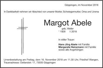 Traueranzeige von Margot Abele von NWZ Neue Württembergische Zeitung