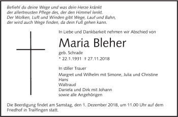 Traueranzeige von Maria Bleher von Alb-Bote/Metzinger-Uracher Volksblatt