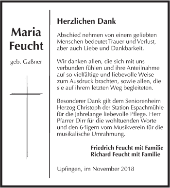 Traueranzeige von Maria Feucht von Metzinger-Uracher Volksblatt