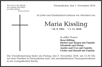 Traueranzeige von Maria Kissling von Rundschau Gaildorf