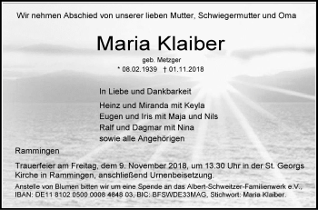 Traueranzeige von Maria Klaiber von SÜDWEST PRESSE Ausgabe Ulm/Neu-Ulm