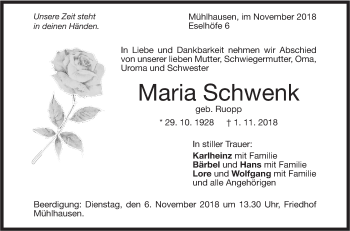 Traueranzeige von Maria Schwenk von Geislinger Zeitung