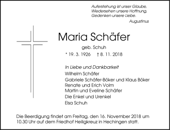 Traueranzeige von Maria Schäfer von Hohenzollerische Zeitung