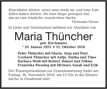 Traueranzeige von Maria Thüncher von Haller Tagblatt