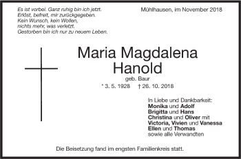 Traueranzeige von Maria Magdalena Hanold von Geislinger Zeitung