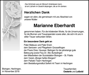 Traueranzeige von Marianne Eberhardt von Hohenzollerische Zeitung