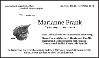 Traueranzeige von Marianne Frank von Rundschau Gaildorf