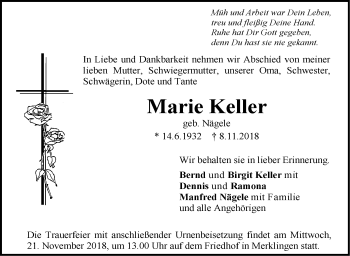 Traueranzeige von Marie Keller von SÜDWEST PRESSE Ausgabe Ulm/Neu-Ulm