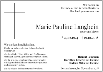 Traueranzeige von Marie Pauline Langbein von SÜDWEST PRESSE Ausgabe Ulm/Neu-Ulm