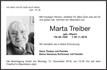 Traueranzeige von Marta Treiber von Hohenloher Tagblatt