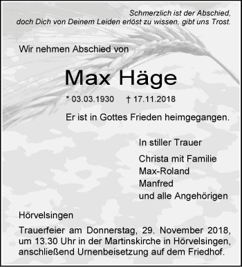 Traueranzeige von Max Häge von SÜDWEST PRESSE Ausgabe Ulm/Neu-Ulm