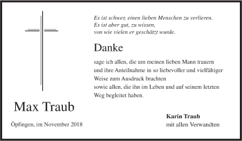 Traueranzeige von Max Traub von Ehinger Tagblatt