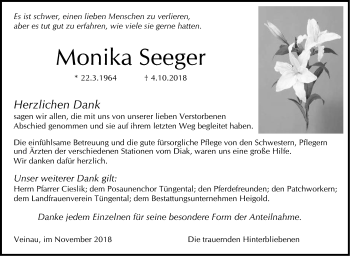 Traueranzeige von Monika Seeger von Hohenloher Tagblatt