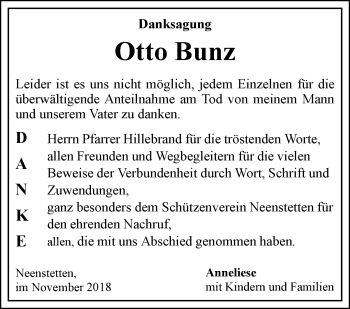 Traueranzeige von Otto Bunz von SÜDWEST PRESSE Ausgabe Ulm/Neu-Ulm