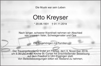 Traueranzeige von Otto Kreyser von SÜDWEST PRESSE Ausgabe Ulm/Neu-Ulm