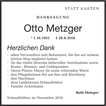 Traueranzeige von Otto Metzger von Hohenloher Tagblatt