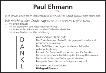 Traueranzeige von Paul Ehmann von Hohenzollerische Zeitung