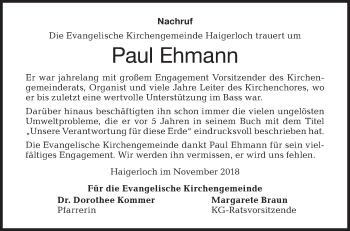 Traueranzeige von Paul Ehmann von Hohenzollerische Zeitung