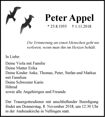 Traueranzeige von Peter Appel von SÜDWEST PRESSE Ausgabe Ulm/Neu-Ulm