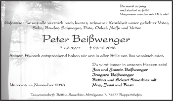 Traueranzeige von Peter Beißwenger von Rundschau Gaildorf