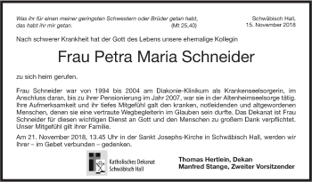 Traueranzeige von Petra Maria Schneider von Haller Tagblatt