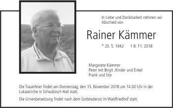 Traueranzeige von Rainer Kämmer von Haller Tagblatt