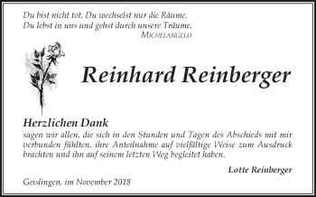 Traueranzeige von Reinhard Reinberger von Geislinger Zeitung