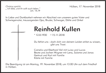 Traueranzeige von Reinhold Kullen von Metzinger-Uracher Volksblatt