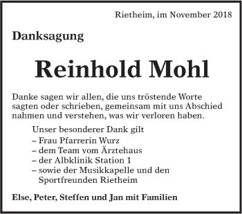 Traueranzeige von Reinhold Mohl von Alb-Bote/Metzinger-Uracher Volksblatt