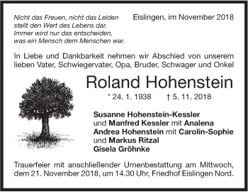 Traueranzeige von Roland Hohenstein von NWZ Neue Württembergische Zeitung