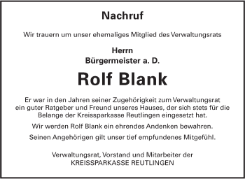 Traueranzeige von Rolf Blank von Alb-Bote/Metzinger-Uracher Volksblatt