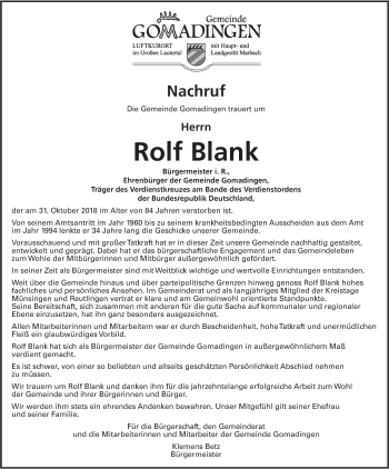 Traueranzeige von Rolf Blank von Alb-Bote/Metzinger-Uracher Volksblatt