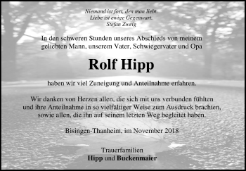 Traueranzeige von Rolf Hipp von Hohenzollerische Zeitung