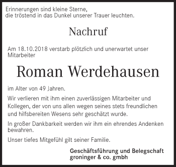 Traueranzeige von Roman Werdehausen von Hohenloher Tagblatt