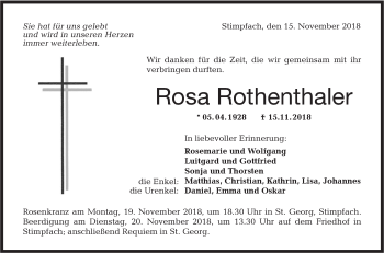 Traueranzeige von Rosa Rothenthaler von Hohenloher Tagblatt