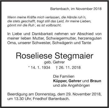 Traueranzeige von Roseliese Stegmaier von NWZ Neue Württembergische Zeitung