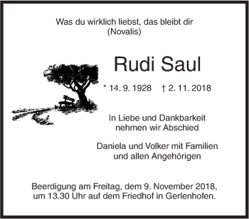 Traueranzeige von Rudi Saul von SÜDWEST PRESSE Ausgabe Ulm/Neu-Ulm