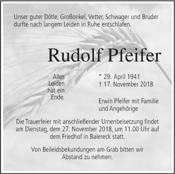 Traueranzeige von Rudolf Pfeifer von NWZ Neue Württembergische Zeitung