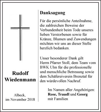 Traueranzeige von Rudolf Wiedenmann von SÜDWEST PRESSE Ausgabe Ulm/Neu-Ulm